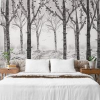 papel pintado panoramico de bosque de abedules blanco y neg