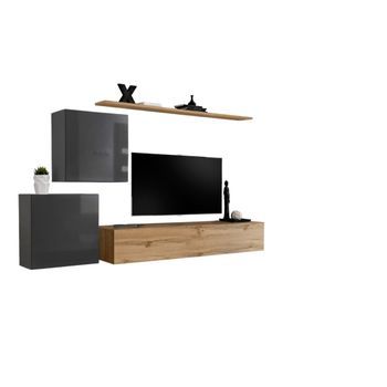 Conjunto De Muebles Para Salón Switch V Diseño, Color Roble Wotan Y Gris Brillante.