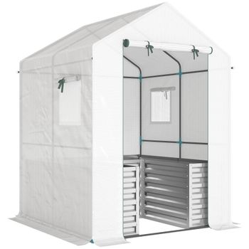 Outsunny Invernadero para tomates Invernadero de film con bancal integrado Puerta enrollable Ventana Techo inclinado 141 x 141 x 190 cm Blanco   Aosom España