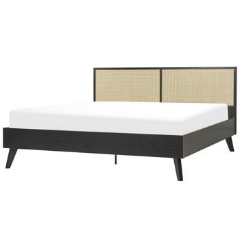 Cama Con Somier Negro Madera Clara 180 X 200 Cm Cabecero Monpazier