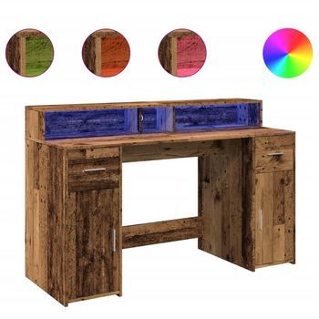 Mesa De Escritorio | Escritorio De Despacho | Escritorio Con Led Madera Ingeniería Envejecida 140x55x91 Cm