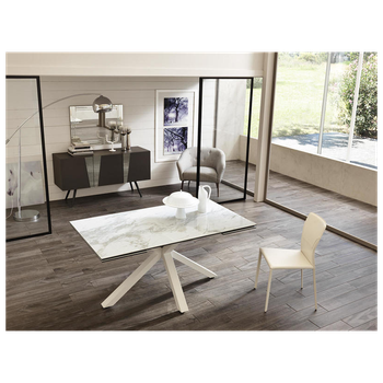 Mesa Extensible De 160cm A 240cm Moderna Encimera De Cerámica Sobre Cristal Templado De Mármol Blanco