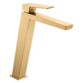 Grifería Monocomando Para Lavabo Alto En Latón Y Zamak Con Acabado Oro Cepillado