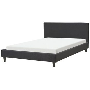 Cama Tapizada En Tela Negro 140 X 200 Cm Marco De Listones Patas De Madera Moderno Fitou