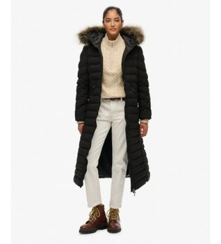 Superdry para mujer. W5012001A Abrigo Fuji faux fur longline negro (S), Casual, Poliéster