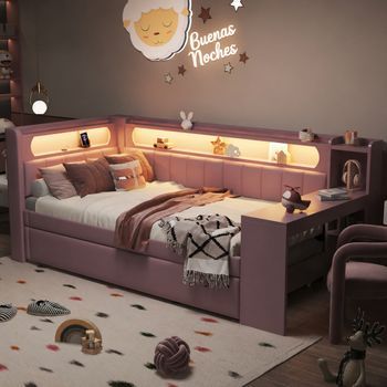Cama Nido Tapizada De 90x200 Cm Con Escritorio Integrado Y Cama Extraíble