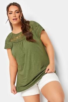 Yours Top Caqui De Algodón Con Canesú De Ganchillo, Mujer Curvy Y Tallas Grandes, Yours