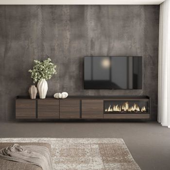 Mueble tv efecto madera roble negro 315x35x50cm chimenea efecto fuego