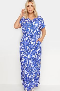 Yours Vestido Largo De Algodón Con Flores Azules, Mujer Curvy Y Tallas Grandes, Yours