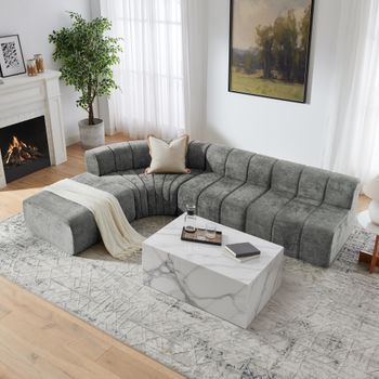 Canapé De Esquina Modular Para 4 Personas En Gris Con Módulos Sin Respaldo, Transformables En Mesa O Reposapiés