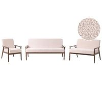 conjunto de sala de estar retro sofa 3 plazas sofa 2 plazas y sillon tapizado de boucle estructura de madera beige y marron oscuro esrum