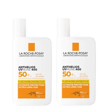 Dúo de cremas solares fluidas invisibles con FPS +50 Anthelios UVMune 400 de La Roche-Posay