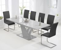 harmony 160cm extending light grey high gloss dining table with malaga chairs - black 6 chairs