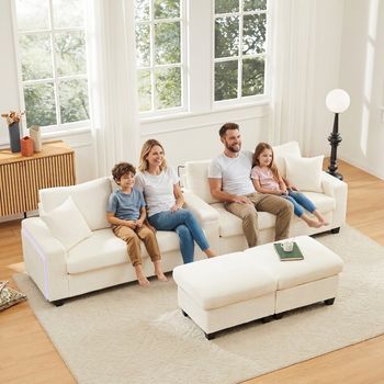 Sofá De 4 Plazas Con 2 Taburetes, Lámpara De Lectura, Portavasos Y Puertos Usb/tipo C - 334 X 128,5 X 81 Cm - Pana - Beige