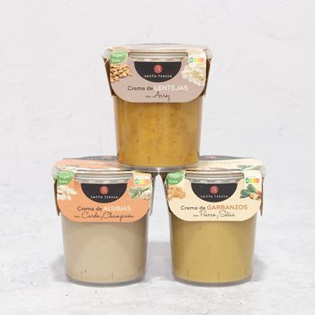 Pack de 3 Cremas de Legumbres: Lentejas con Arroz + Garbanzos con Puerro y Setas + Alubias con Cardo y Champiñón. 1.200 g