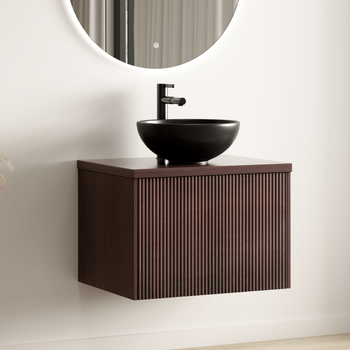 Mueble De Baño Messina Nogal Acanalado - Lavabo Sobre Encimera Negro - 60 Cm Lomazoo