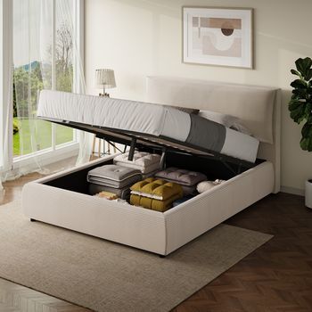 Cama Con Caja De Almacenamiento De 160x200cm En Pana Beige Fresno