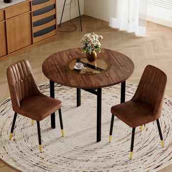 Mesa De Comedor Con 2 Sillas - Comedor - Mdf, Metal Y Vidrio - Marrón Y Negro (100x100cm)