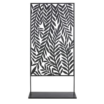 Pantalla exterior de acero con estampado de follaje negro.