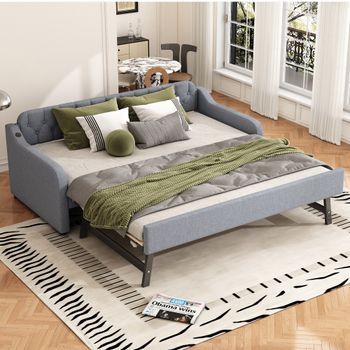 Cama Nido 90/180 X 200 Cm Con Cabecero Tapizado, Sofá Cama - Tejido De Lino - Toma Usb - Gris (sin Colchón)