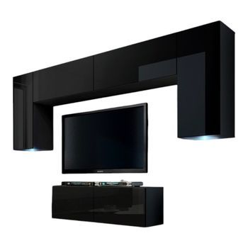 Conjunto De Muebles De Salón Negro Colgantes Colección Cepto Ii 256cm, 6 Puertas, 4 Estantes, Leds, Modulares.
