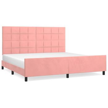 Cama De Matrimonio | Cama De Adulto | Estructura De Cama Con Cabecero De Terciopelo Rosa 200x200 Cm