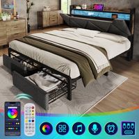 cama de adulto 160 x 200 cm con cajones y cabecero - usb  tipo c  led - lino - gris