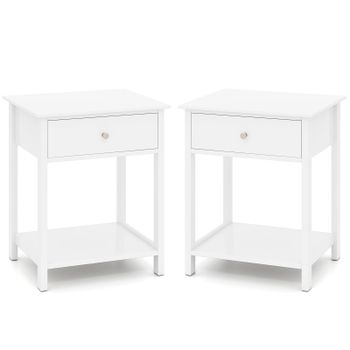 Costway Juego de 2 Mesitas de Noche de Madera con Cajón y Estante Abierto Estilo Medio Siglo Multifuncional para Salón Dormitorio Estudio Blanco