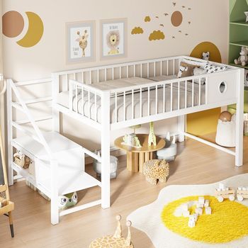 Cama Alta Infantil De 90 X 200 Cm Con Escalera Y Espacio De Almacenamiento, Estructura Metálica, Blanco