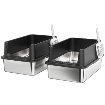 PawHut Set de 2 Areneros XL de Acero Inoxidable con Borde Alto y 2 Palas 60x40x30 cm Plata y Negro   Aosom España