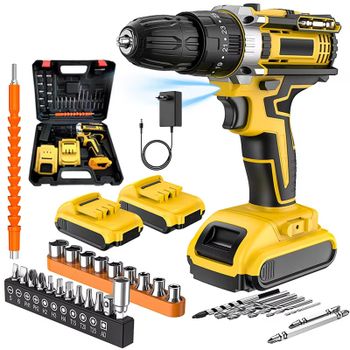 Taladro percutor inalámbrico de 21 V, destornillador eléctrico con batería de iones de litio, 25+3 niveles de torque, 2 velocidades ajustables, taladro eléctrico con mandril de 3/8 pulgadas,