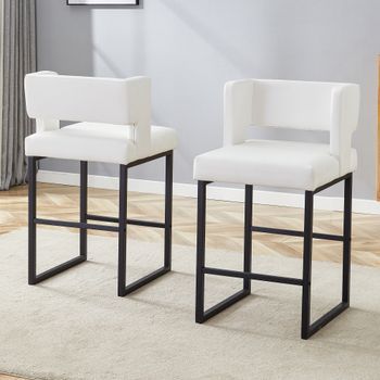 Juego De 2 Taburetes De Bar Blancos, Asiento Cuadrado Acolchado Y Patas Negras