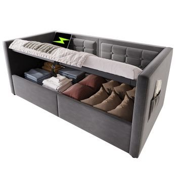Sofá Cama Individual 90x200 Cm, Sofá Cama Con Espacio De Almacenamiento Hidráulico, Estación De Carga Usb Y Type-c, Respaldo De Tela De Seda Gris, Marco De Cama Con Barras De Madera, Sin Colchón
