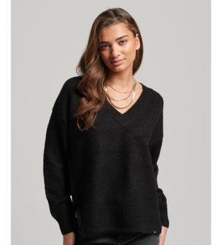 Superdry para mujer. W6110521A Jersey extragrande con cuello de pico negro (XS), Casual, Acrílico