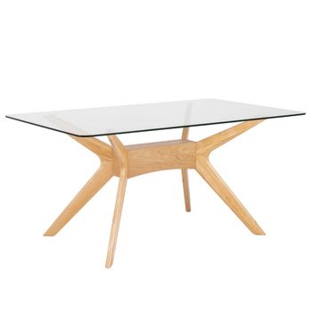 Mesa de comedor 160 con tablero de vidrio y patas de roble