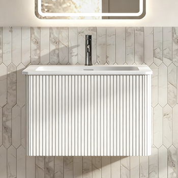 Mueble De Baño Suspendido De 60 Cm Con Lavabo De Resina Mineral, Blanco Y Apertura A Presión
