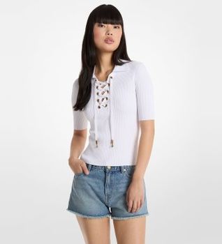 Michael Kors para mujer. MS661FZ5ZV Polo de viscosa elástica acanalada con cordones
blanco (L), Casual, Manga corta