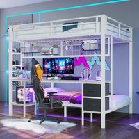 cama alta con escritorio 140x200cm estructura de metal blanca con cajones y led