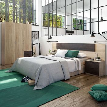 Pack Muebles Dormitorio Andy Armario Cabezal 2 Mesitas 2 Cajones Estilo Industrial Habitación Óxido Cama 150x190