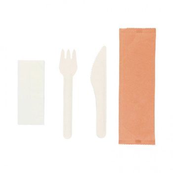 Pack De Cubiertos De Fibra Biodegradables En Bolsa Kraft (tenedor, Cuchillo Y Servilleta) 500 Unidades