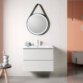 Conjunto baño 80 cm blanco. Espejo led y lavabo cerámica blanco