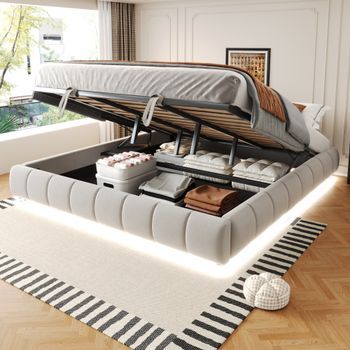 Cama Con Canapé 180 X 200 Cm Sin Cabecero - Tejido De Franela - Tira Led Monocromática - Beige (sin Colchón)