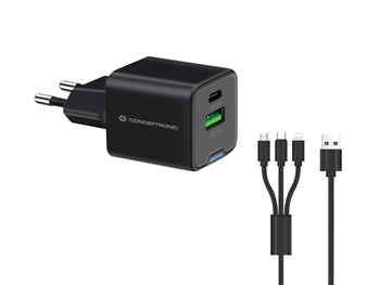 CARGADOR DE PARED CONCEPTRONIC USB-C x1 USB-Ax1 QUICKCHARGE 3.0 GaN PPS 33W INCLUYE CABLE 3-1 NEGRO