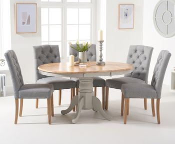 Epsom Oak and Grey Painted Pedestal Extending Dining Table with Claudia Grey Fabric Dining Chairs - Grey, 4 Chairs