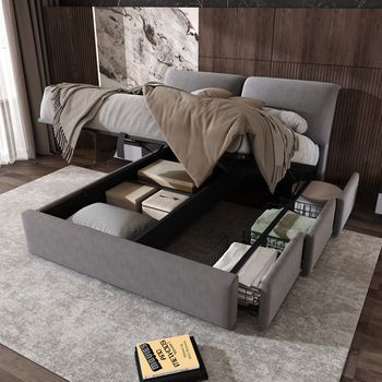 Cama Tapizada En Terciopelo Hidráulico Con 3 Cajones Y Baúl De Almacenamiento, Somier De Lamas Con Cabecero, 140x200 Cm, Gris