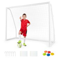 costway porteria de futbol de 245 x 182 cm para jardin red resistente a la intemperie y marco de upvc con estacas conos montaje rapido blanco