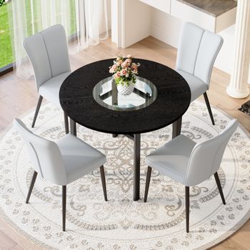 Set De Mesa Y 4 Sillas - Mueble De Comedor - Mdf Y Metal - Negro Y Gris Claro (100x100cm)