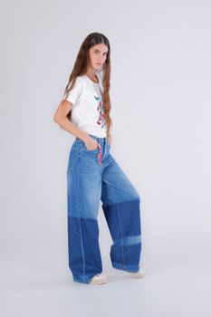 vaqueros de pierna ancha con lavado patchwork denim patchwork
