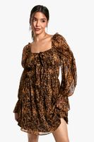 vestido mini estilo mesonera de chifon con estampado de leopardo multi