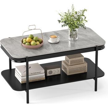 Mesa De Centro Costway De 2 Niveles (46 X 90 X 50 Cm - Piedra Sinterizada - Gris)